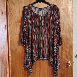 New Directions Flowy Shark Bite Tunic Multicolor Wavy Stripe ¾-Sleeve Stretch 3X
